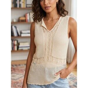 Axcess Liz Claiborne Cream Crochet Knit Tank Top Sleeveless V-Neck Blouse Med